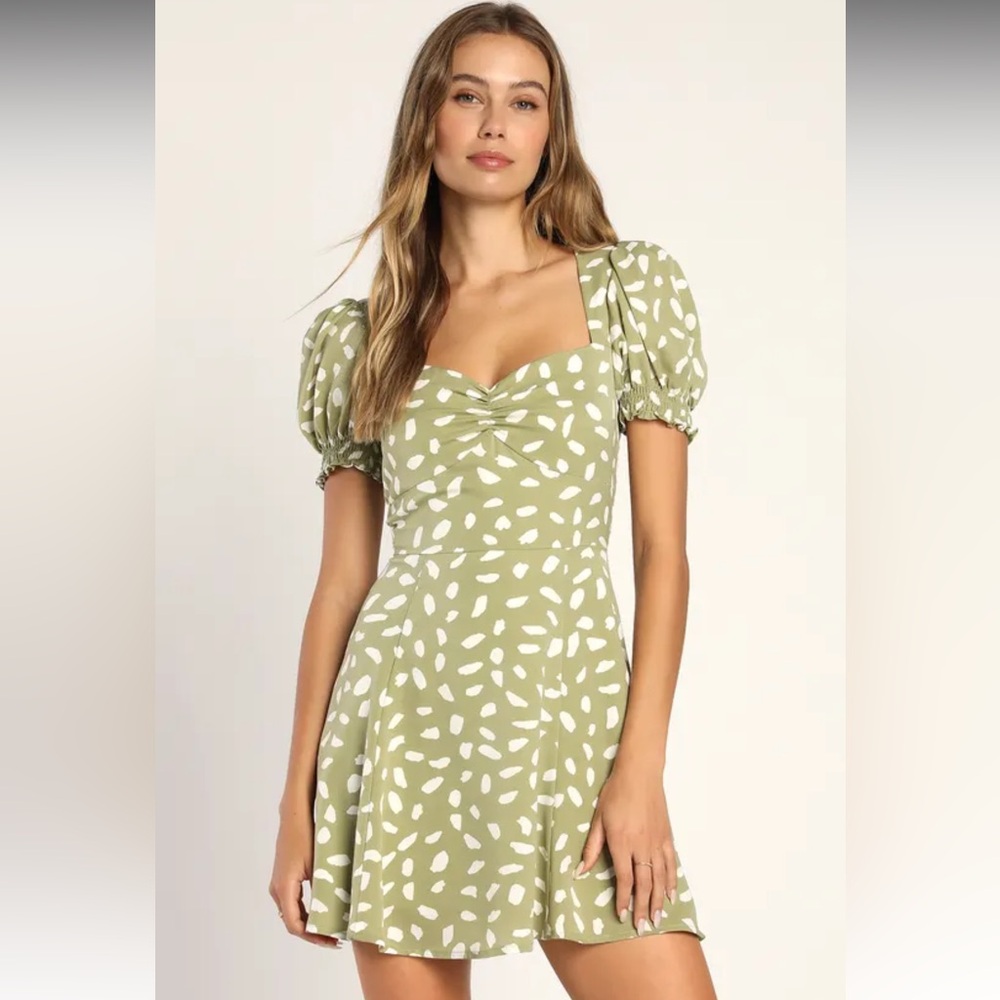 Lulus Oh My Darlin' Sage Green Print Puff Sleeve Mini Dress